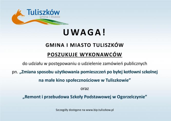Gmina i Miasto Tuliszków poszukuje wykonawców do udziału w postępowaniu o udzielenie zamówień publicznych.