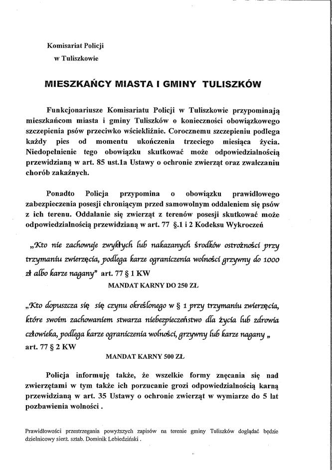 Komunikat Komisariatu Policji w Tuliszkowie