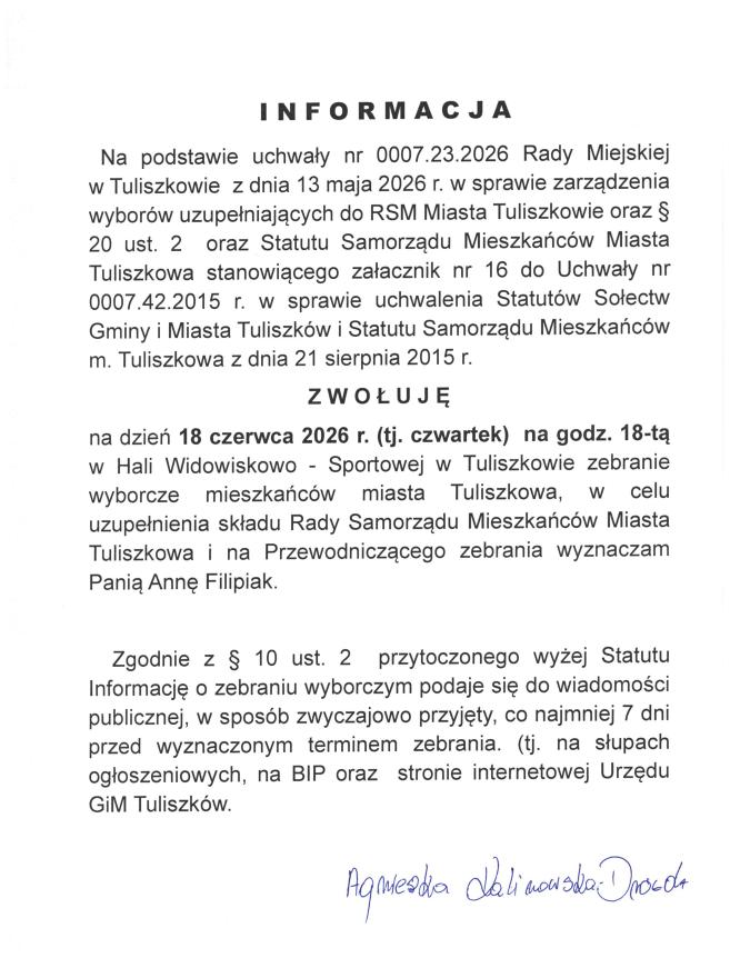 Zawiadomienie o zebraniu wyborczym Rady Samorządu Mieszkańców Miasta Tuliszkowa